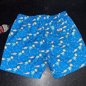 NEW PARTY SHARK 80’s SHARK PALM BRIGHT BLUE Swim Shorts Trunks LINED SZ L